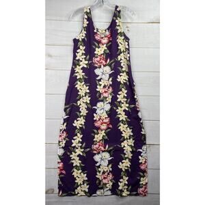 Vintage Aloha Hut Hawaiian Floral Maxi Dress Size L Purple Tropical Slit Rayon